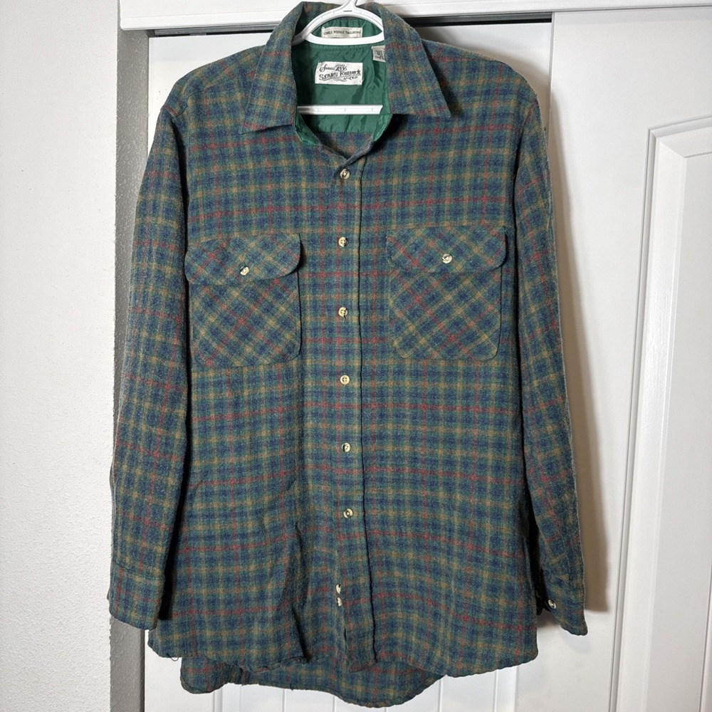 Vintage Sears Roebuck Shirt Mens Plaid Wool Blend Flannel Large Single Needle